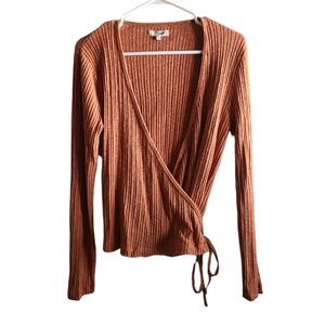 Madewell orange long sleeve ballet wrap ribbed knit sweater
